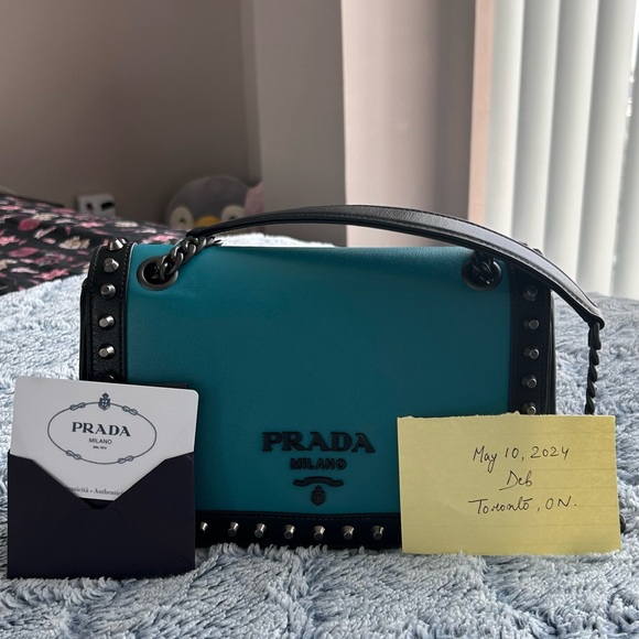 Prada Glace Turchese Nero with Studs Blue Leather Shoulder Bag. - Picture 2 of 8